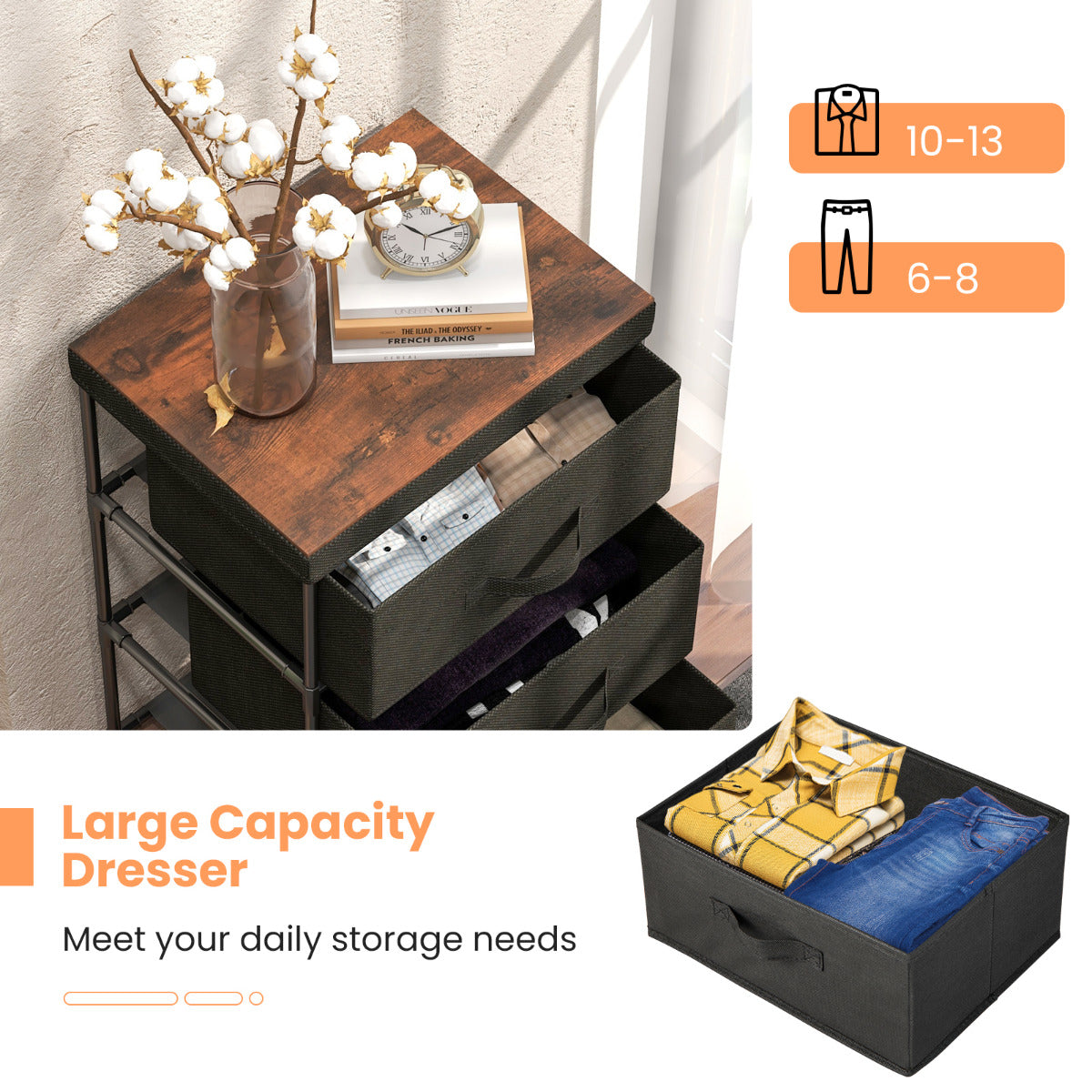 Fabric Storage Organizer Tower Unit Set of 2 with Removable Lid-Black