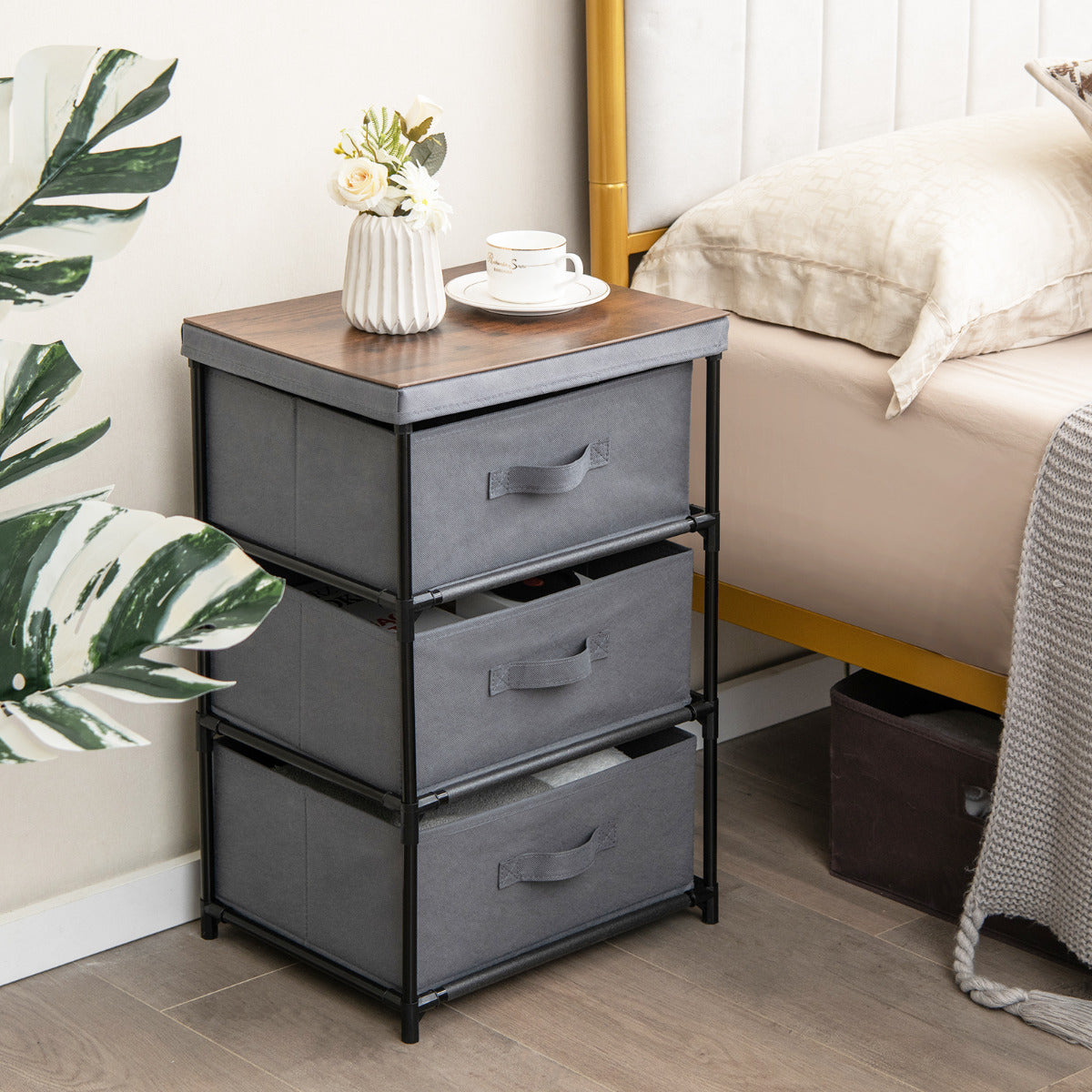 Fabric Storage Organizer Tower Unit Set of 2 with Removable Lid-Grey