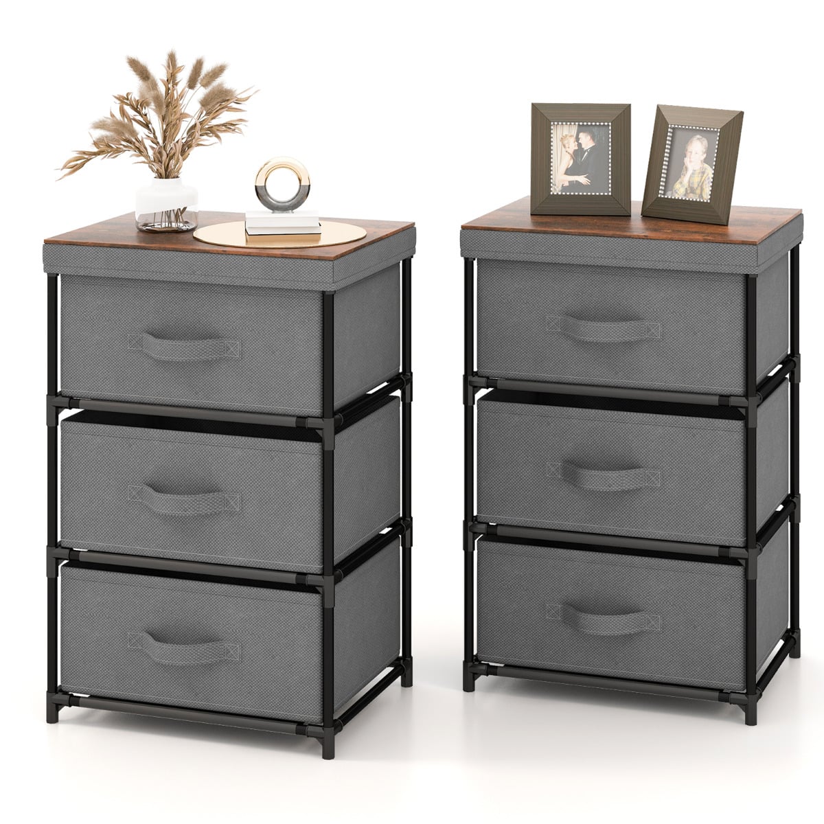Fabric Storage Organizer Tower Unit Set of 2 with Removable Lid-Grey