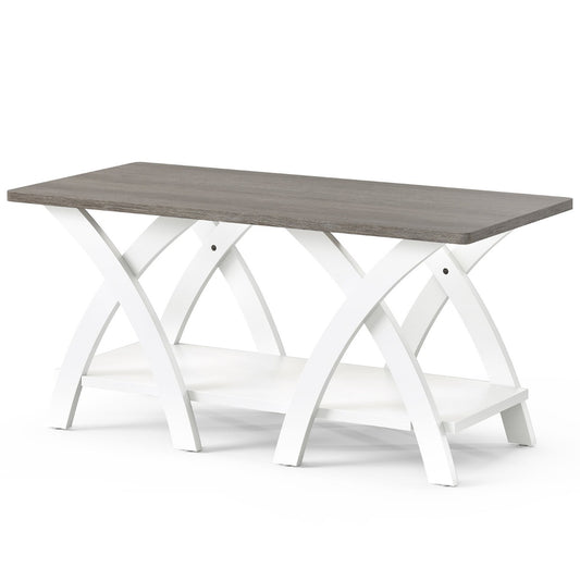 Farmhouse Wooden Accent Table with X-shaped Legs and Storage Shelf-Light Grey
