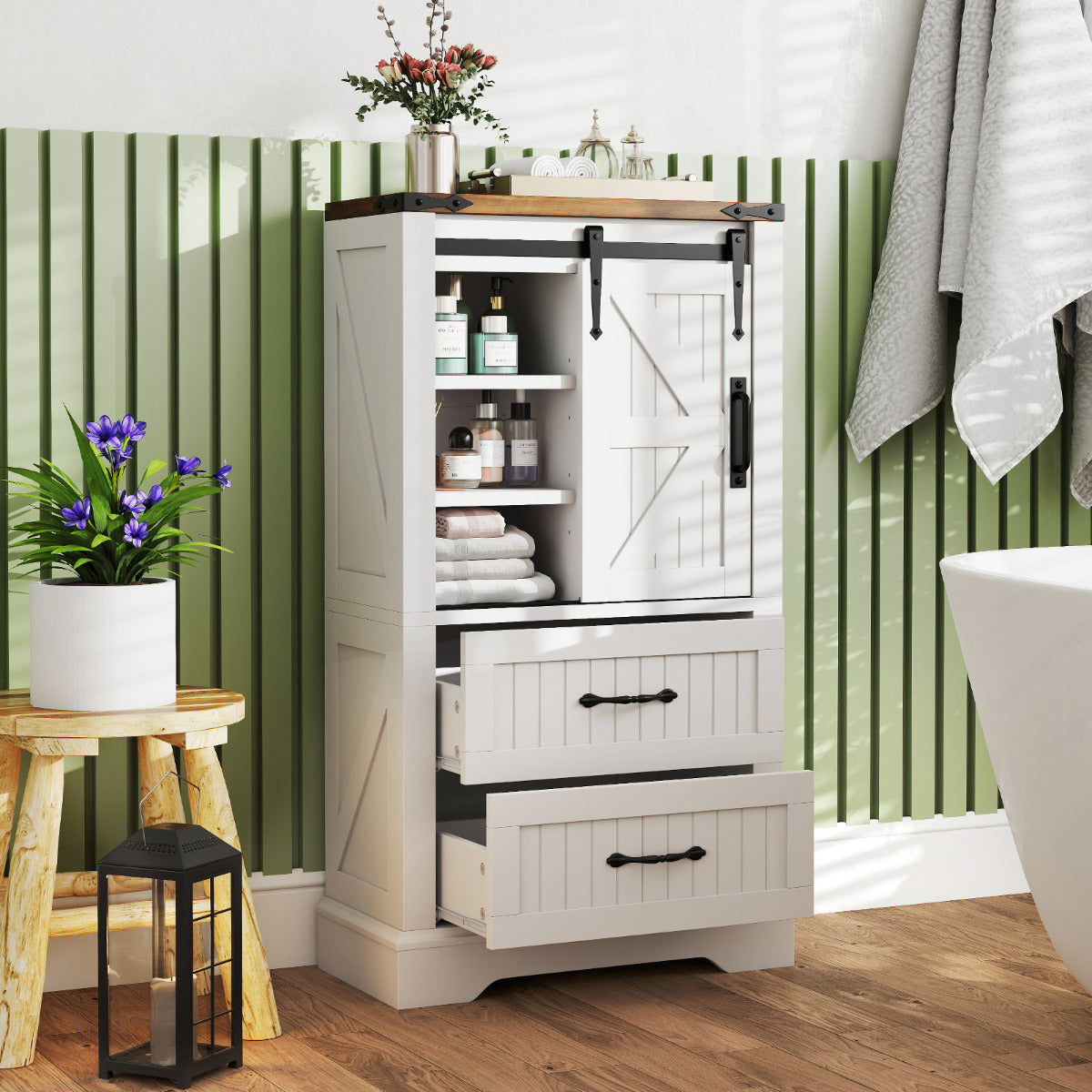Farmhouse Bathroom Floor Cabinet with Sliding Barn Door-White