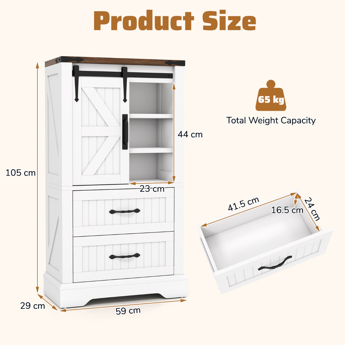 Farmhouse Bathroom Floor Cabinet with Sliding Barn Door-White