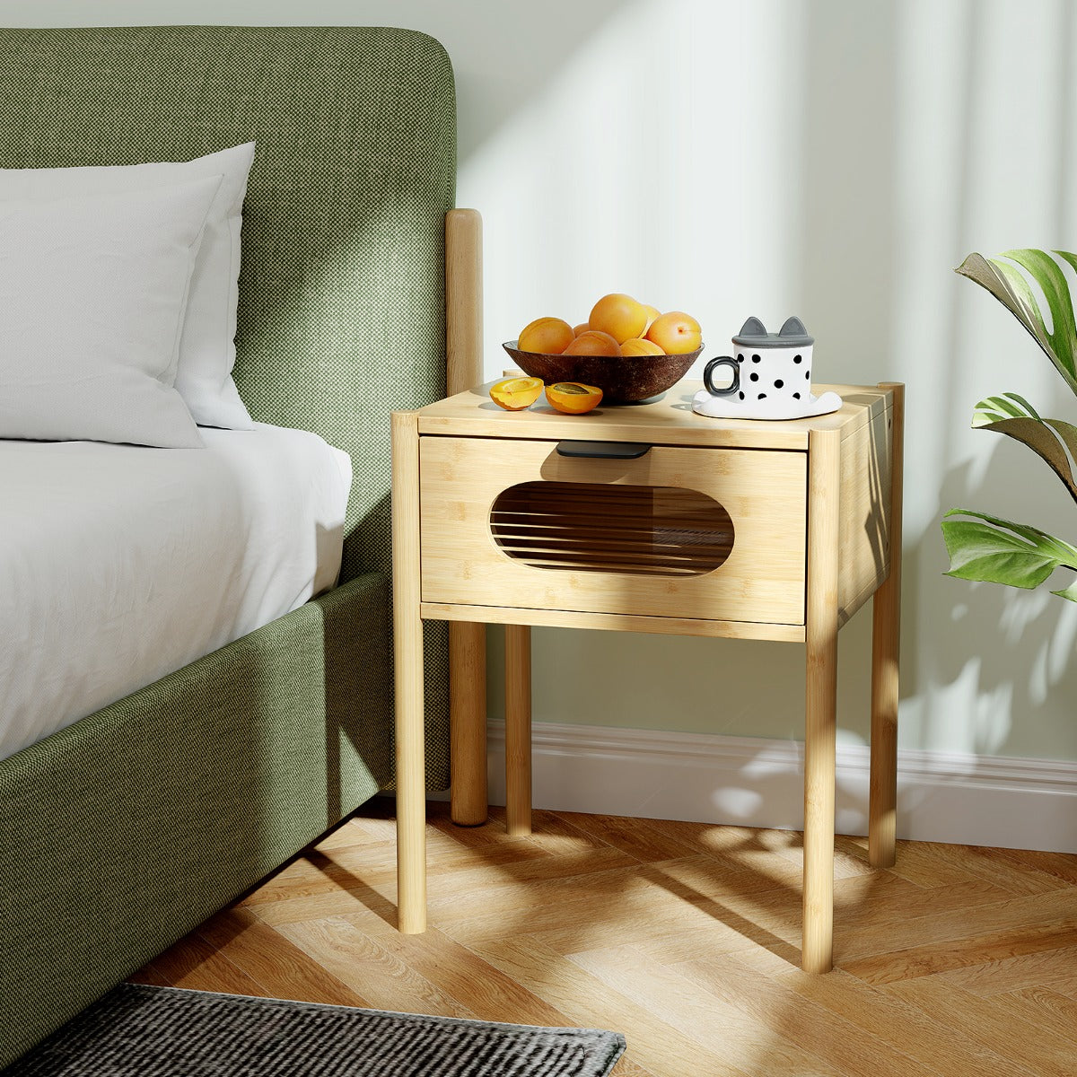 Farmhouse Bedside Table with Tempered Glass Decorated Drawer-Natural