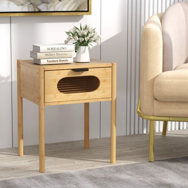 Farmhouse Bedside Table with Tempered Glass Decorated Drawer-Natural