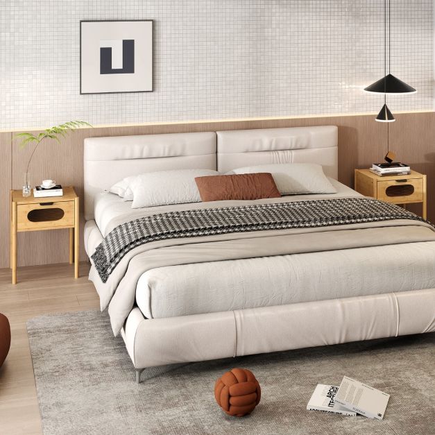 Farmhouse Bedside Table with Tempered Glass Decorated Drawer-Natural