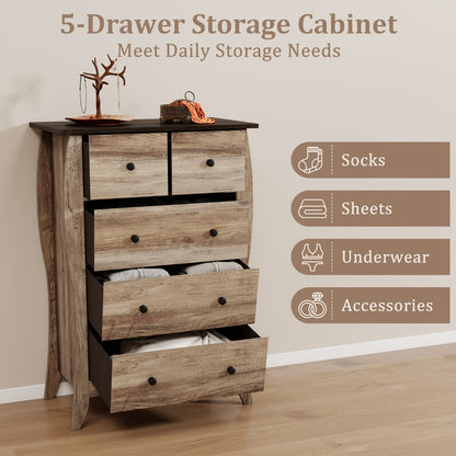 Farmhouse Chest of Drawers with 5 Folding Fabric Drawers and Anti-tipping Kit-Brown