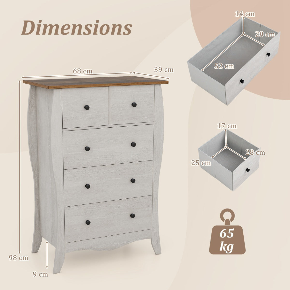 Farmhouse Chest of Drawers with 5 Folding Fabric Drawers and Anti-tipping Kit-Grey