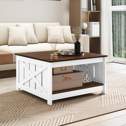 Farmhouse Coffee Table with Storage Shelf and Open Compartment-White