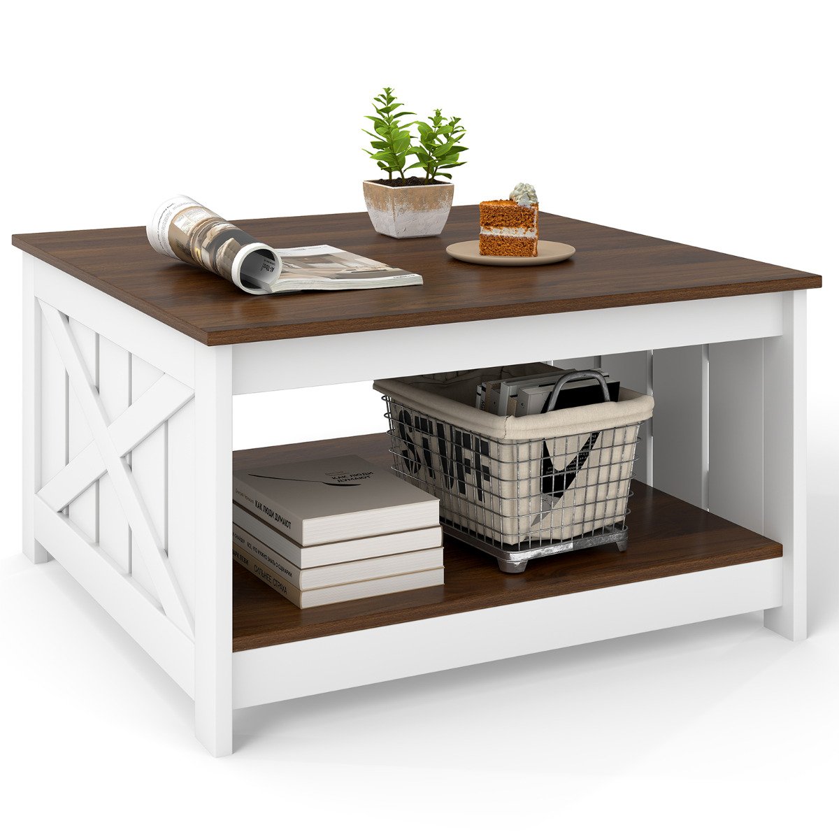 Farmhouse Coffee Table with Storage Shelf and Open Compartment-White