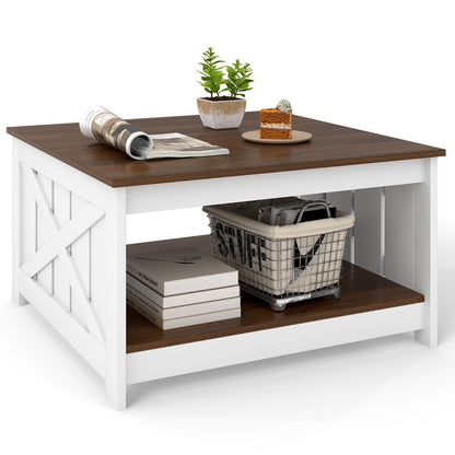 Farmhouse Coffee Table with Storage Shelf and Open Compartment-White