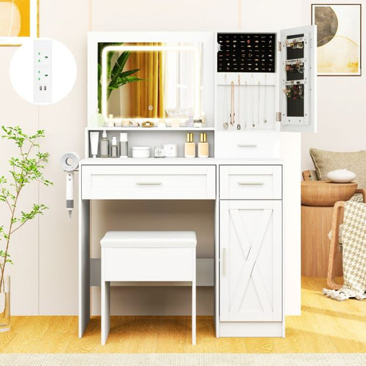Farmhouse Dressing Table and Stool Set with Charging Station and 3-Color LED Lights-White