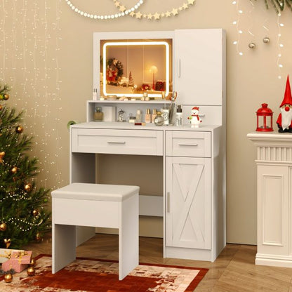 Farmhouse Dressing Table and Stool Set with Charging Station and 3-Color LED Lights-White
