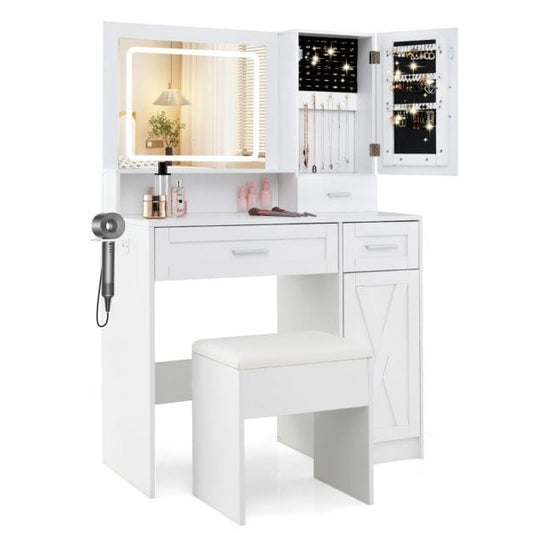 Farmhouse Dressing Table and Stool Set with Charging Station and 3-Color LED Lights-White