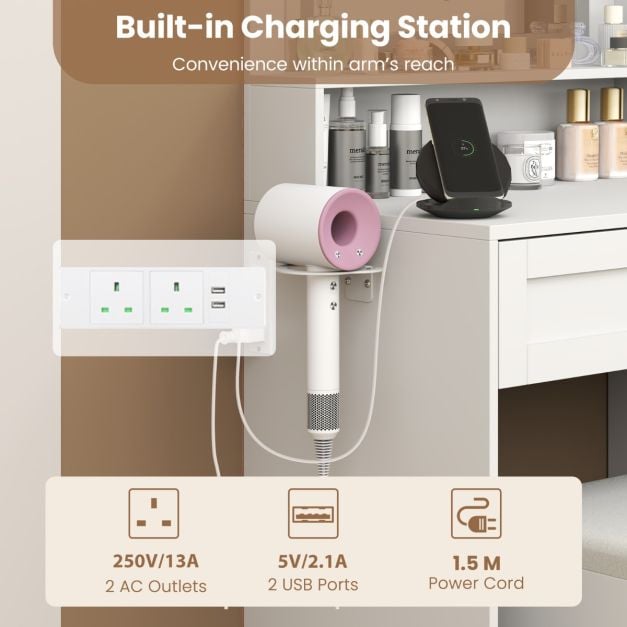 Farmhouse Dressing Table and Stool Set with Charging Station and 3-Color LED Lights-White