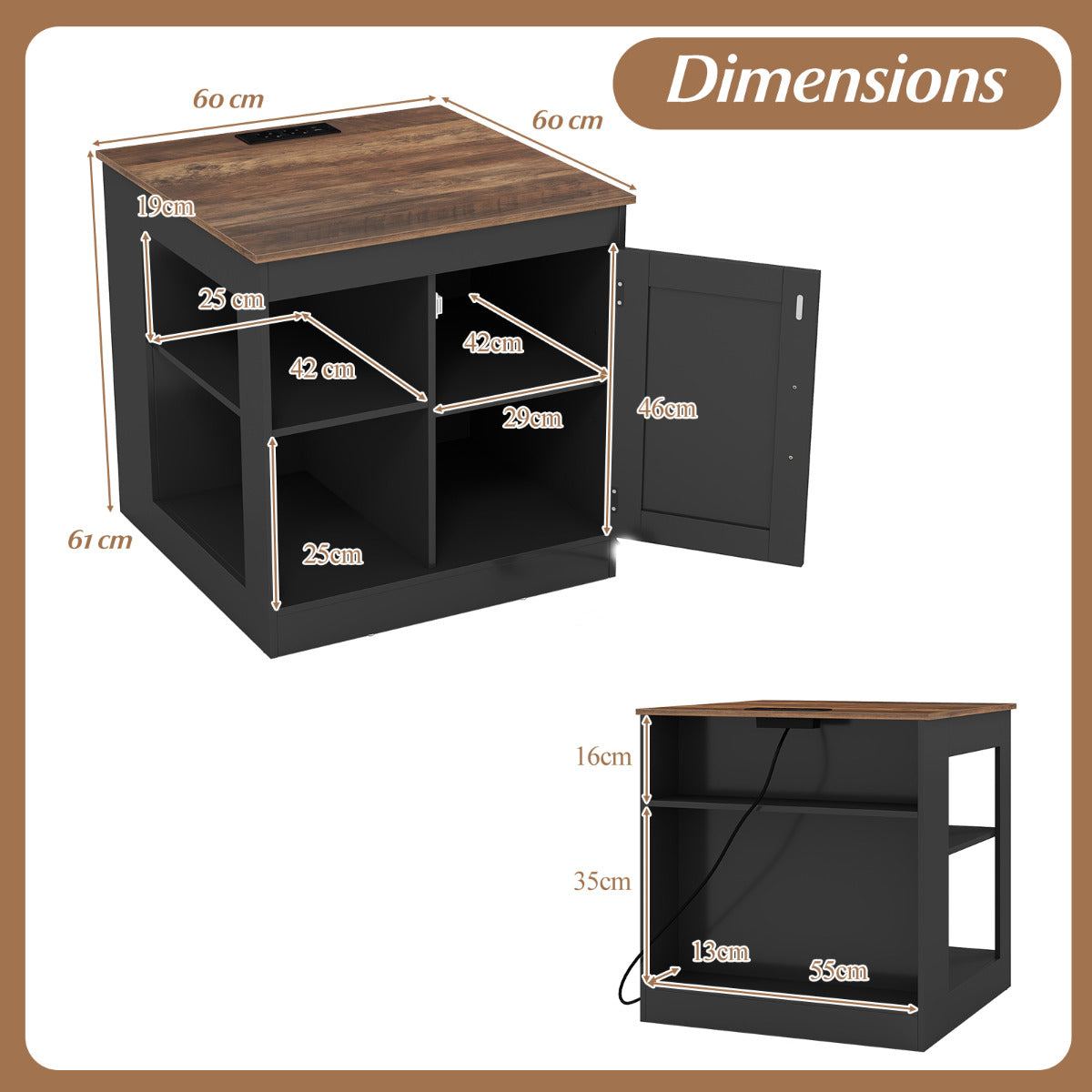 Farmhouse Nightstand with Charging Station Bedside Table with Adjustable Shelf-Black