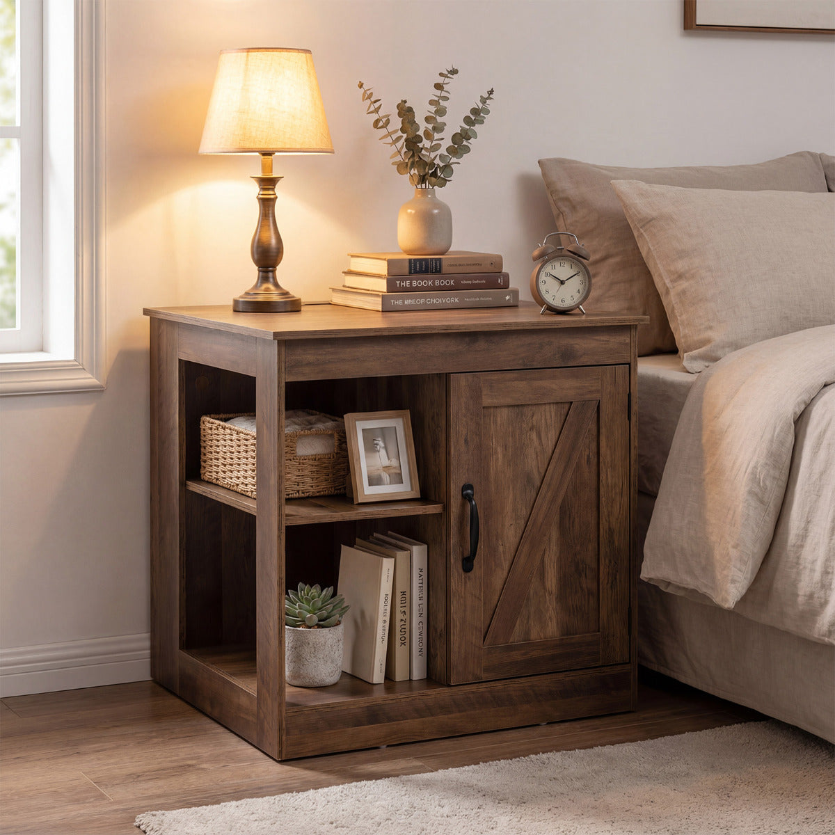 Farmhouse Nightstand with Charging Station Bedside Table with Adjustable Shelf-Rustic Brown