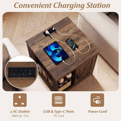 Farmhouse Nightstand with Charging Station Bedside Table with Adjustable Shelf-Rustic Brown