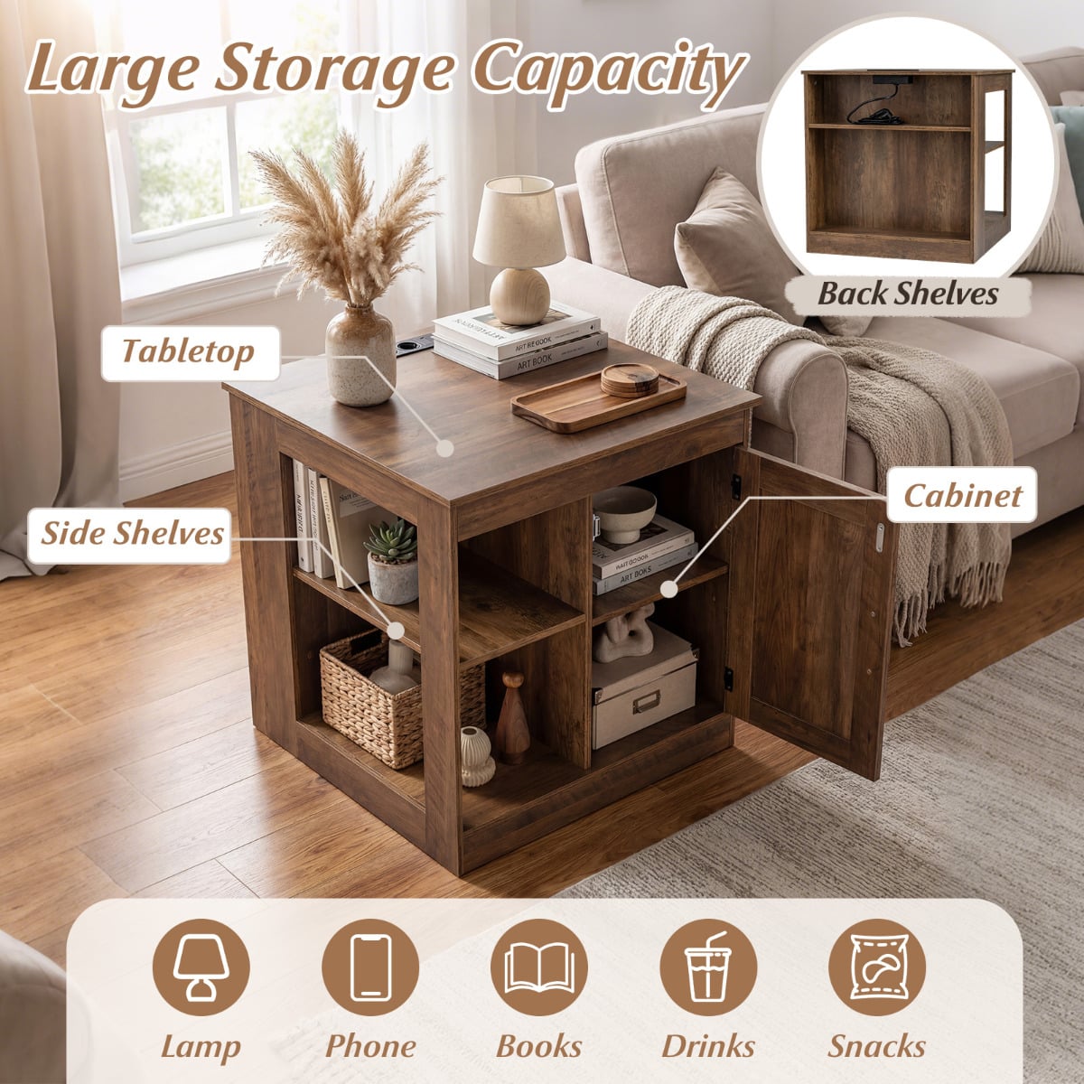 Farmhouse Nightstand with Charging Station Bedside Table with Adjustable Shelf-Rustic Brown