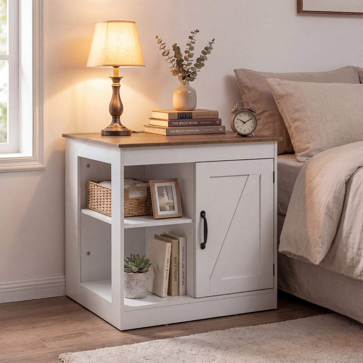Farmhouse Nightstand with Charging Station Bedside Table with Adjustable Shelf-White