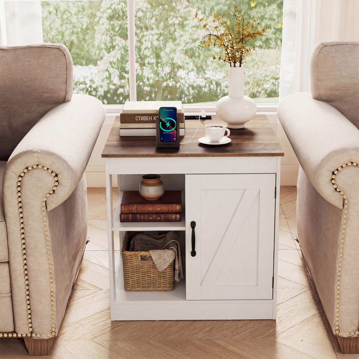 Farmhouse Nightstand with Charging Station Bedside Table with Adjustable Shelf-White
