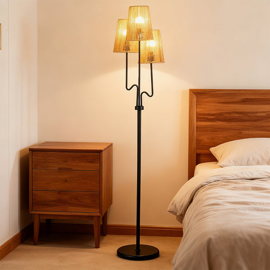 Farmhouse Standing Tree Lamp with 3 Boho Paper Woven Lampshades-Black