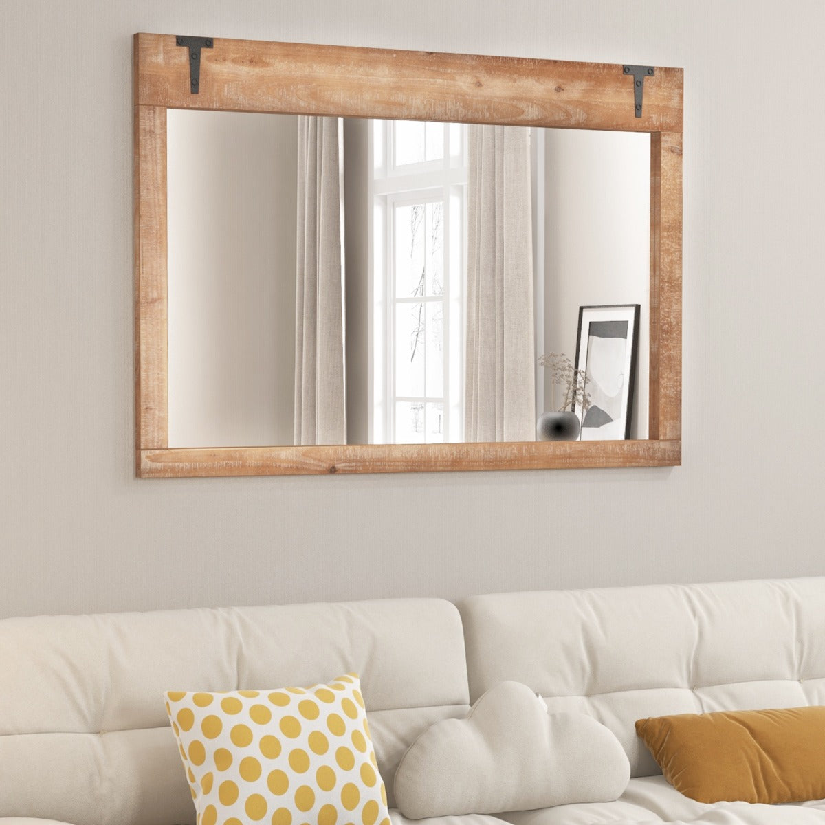 Farmhouse Wall Mirror with Wood Frame for Bathroom Living Room Bedroom-Natural