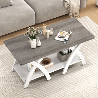 Farmhouse Wooden Accent Table with X-shaped Legs and Storage Shelf-Light Grey