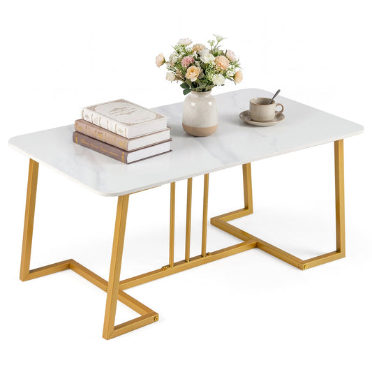 Faux Marble Rectangular Center Table with Heavy-Duty Metal Frame in White