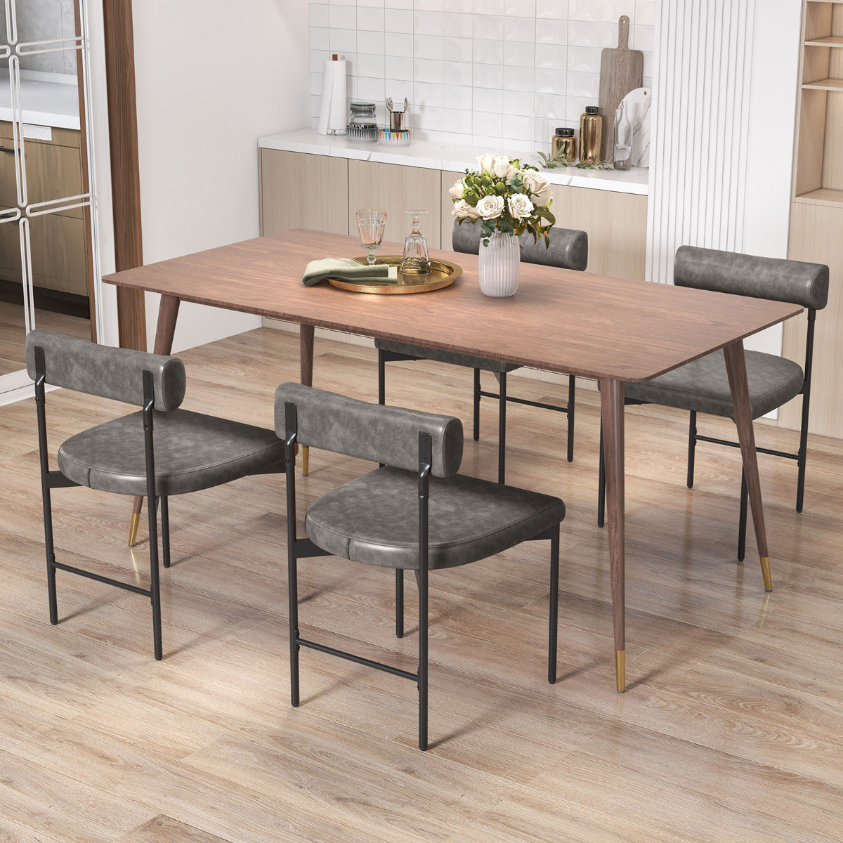 Faux Leather Upholstered Kitchen Side Chair with Curved Set of 4-Grey