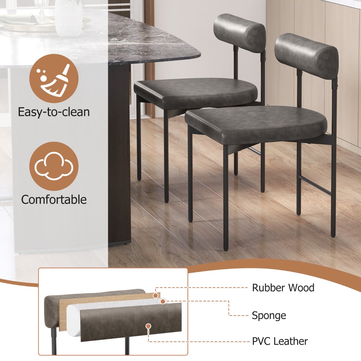 Faux Leather Upholstered Kitchen Side Chair with Curved Set of 4-Grey