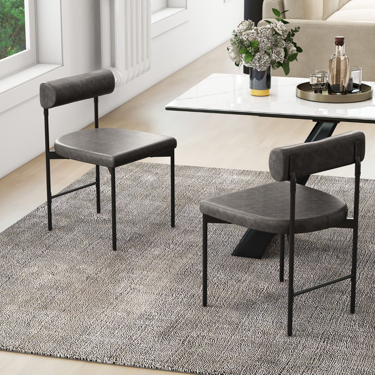 Faux Leather Upholstered Kitchen Side Chair with Curved and Padded Backrest-Grey