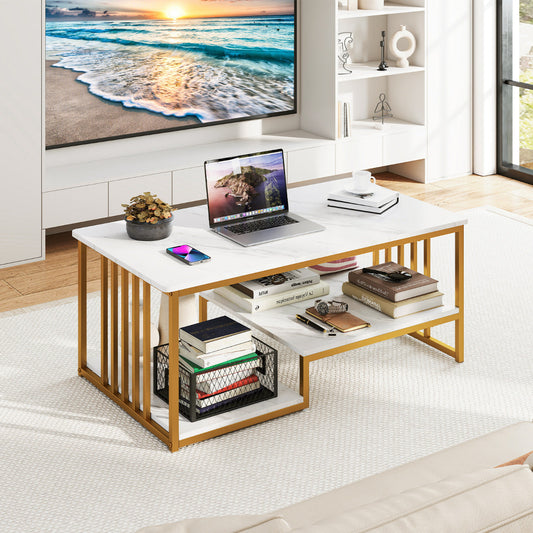 Faux Marble Coffee Table with Open Storage Shelf-White