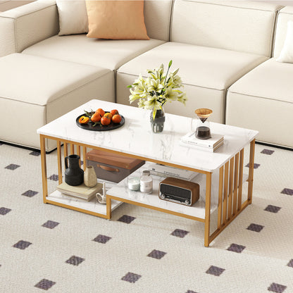 Faux Marble Coffee Table with Open Storage Shelf-White