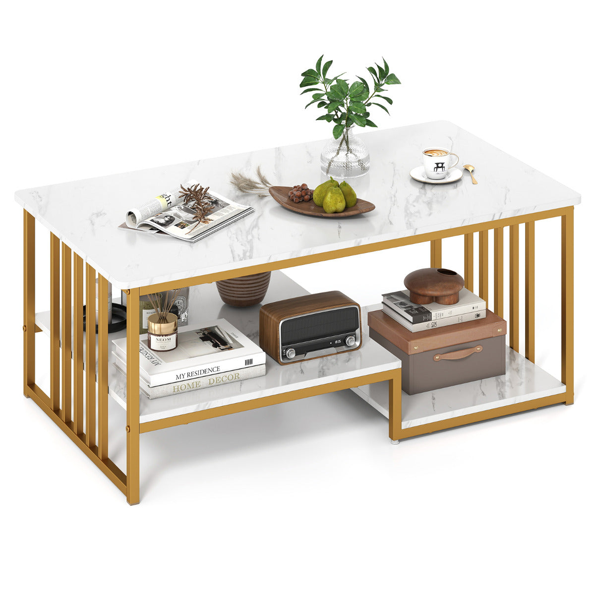 Faux Marble Coffee Table with Open Storage Shelf-White