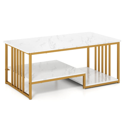 Faux Marble Coffee Table with Open Storage Shelf-White