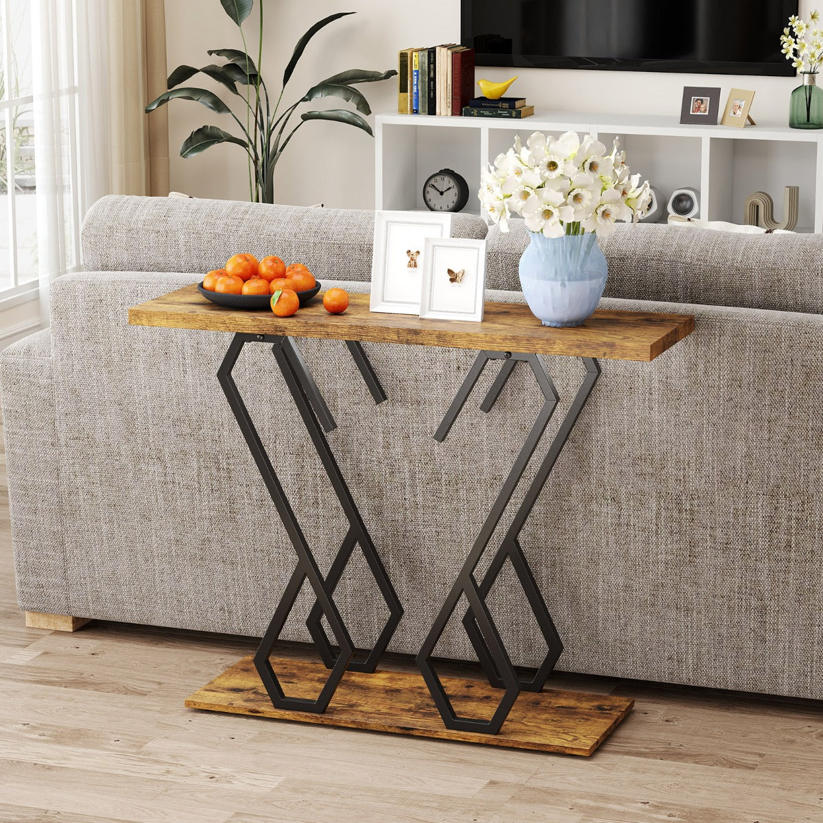 Faux Marble Console Table with Adjustable Foot Pads-Rustic Brown