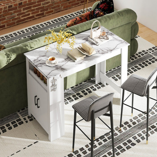 Faux Marble Pub Table with 7 Hanging Hooks and Compartment-White