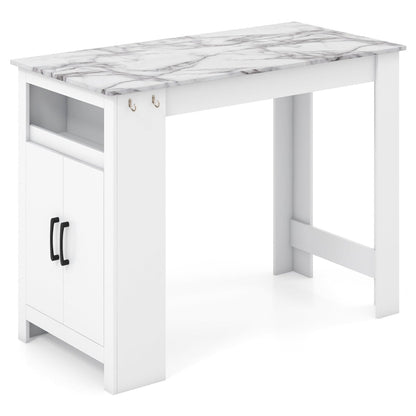 Faux Marble Pub Table with 7 Hanging Hooks and Compartment-White
