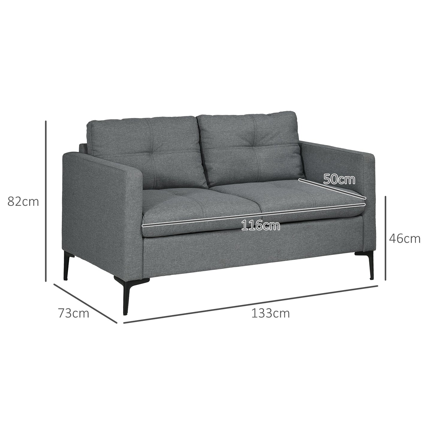 133cm Loveseat Sofa, Modern Fabric Couch with Steel Legs, Upholstered 2 Seater Sofa for Living Room, Bedroom, Dark Grey