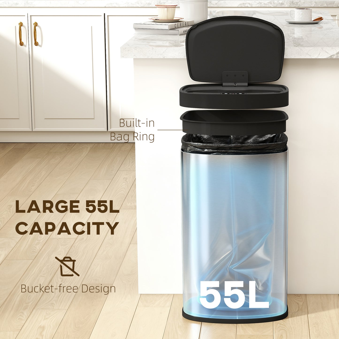 HOMCOM 55L Sensor Bin with Soft-Close Lid, Automatic Touchless Motion Sensor Kitchen Bin with Fingerprint Resistant Stainless Steel for Hygienic Gyms, Home Office Use, Silver Tone