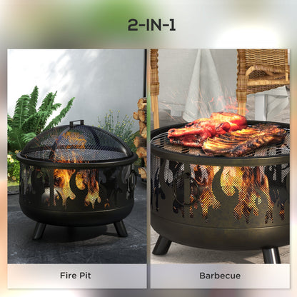 Metal Firepit Bowl Outdoor 2-In-1 Round With Lid, Grill For Garden, Camping, BBQ, Bonfire, Wood Burning Stove, 61.5 x 61.5 x 52cm, Black