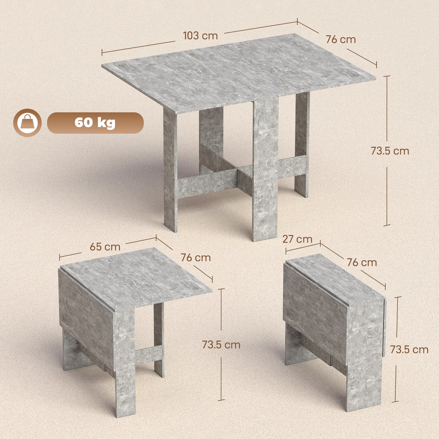 HOMCOM Folding Dining Table, Space-Saving Drop Leaf Kitchen Table for 4-6 People Grey