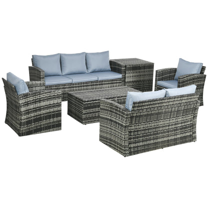 Outsunny 6 Pieces Rattan Garden Furniture Set Wicker Outdoor Sofa Sectional Patio Conversation Furniture Set w/ Storage Table and Cushions, Grey