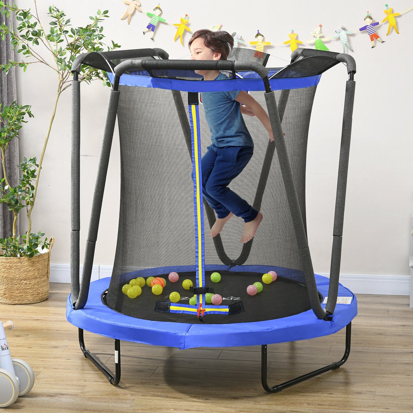 ZONEKIZ 4.6FT Kids Trampoline with Enclosure, Basketball, Sea Balls, Hoop, for Ages 3-10 Years - Blue