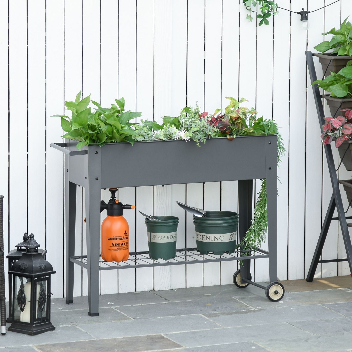 Raised Garden Bed with Wheels and Bottom Shelf Outdoor 104 x 39 x 80cm