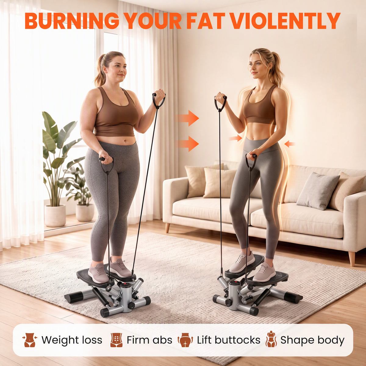 HOMCOM Mini Stepper Step Machine with Resistance Bands for Leg Arm Full Body Training Fitness Stair Stepper