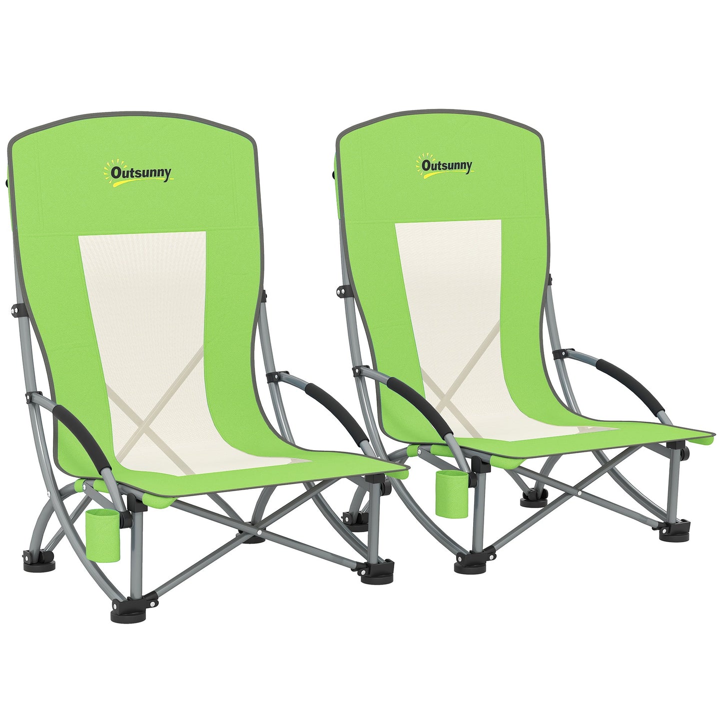 Outsunny Set of 2 Folding Beach Chair, Low Camping Chair with Mesh Back, Carry Bag and Cup Holder for Garden Outdoor Picnic Festival Travel, Green