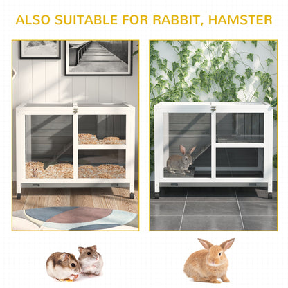 PawHut Wooden Rabbit Hutch Guinea Pigs House Bunny Small Animal Cage w/ Pull-out Tray Openable Roof Wheels 91.5 x 53.3 x 73 cm