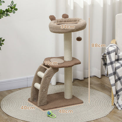 PawHut Cat Tee for Indoor Cats, 88cm Cat Tower with Sisal Scratching Post, Hanging Ball, Large Cat Perch, Stairs, Brown