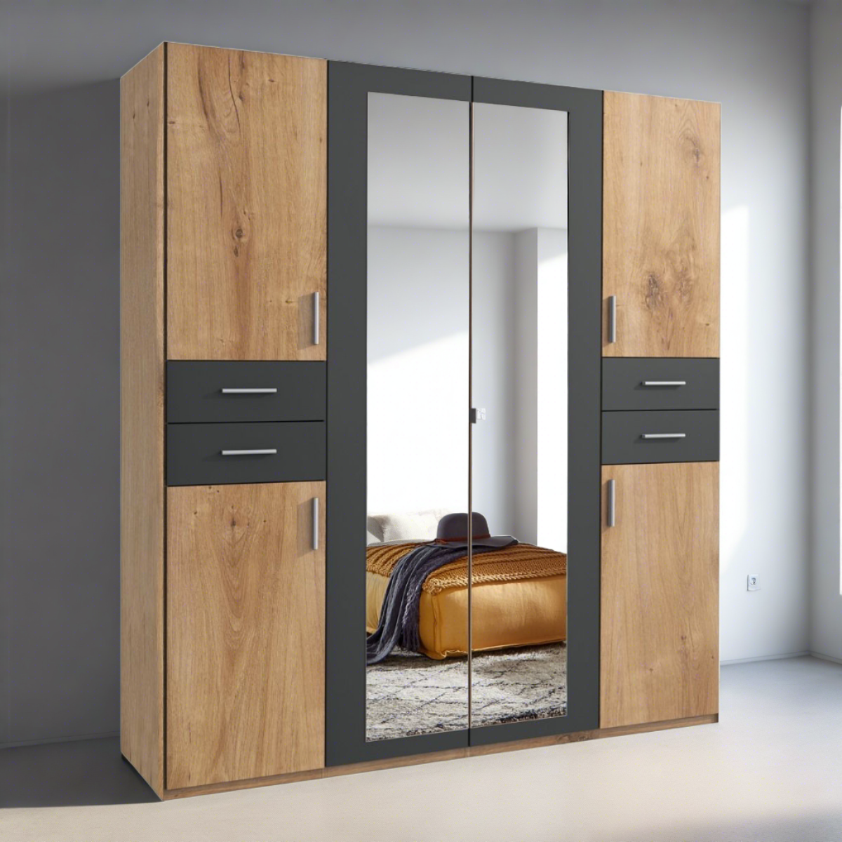 FENTON 6 Door 4 Drawers Mirrored Wardrobe in Oak and Graphite